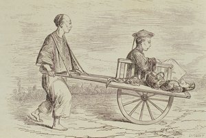 Taxi de carretilla en la década de 1850, China, grabado por Alfred Louis Sargent (n.1828) de 